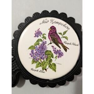 Vintage Cast Iron Ceramic New Hampshire Purple Finch Footed Trivet Wall Hanging